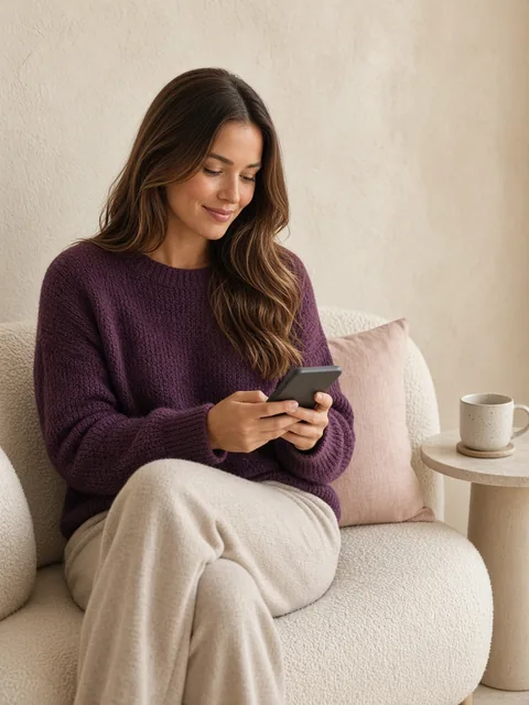 A woman on a sofa checking her phone